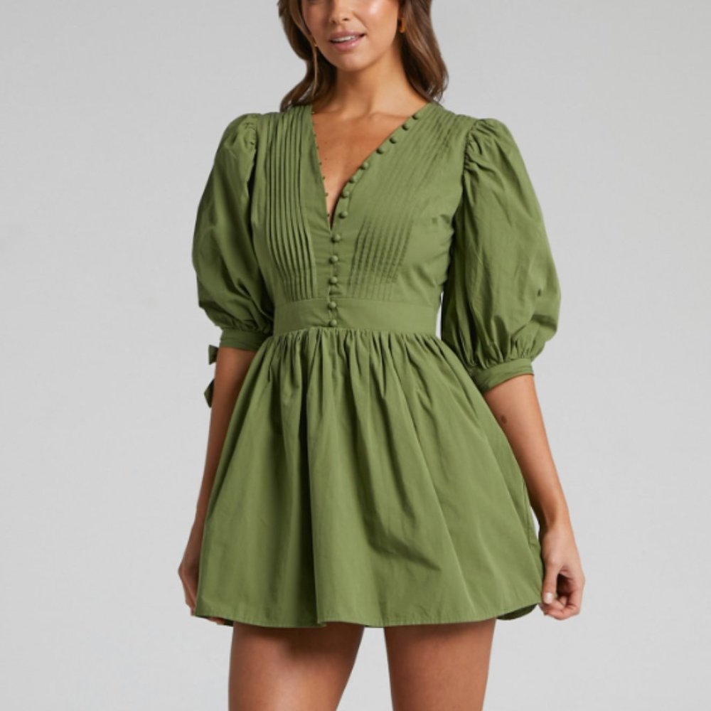 ZANDRA PUFF SLEEVE POPLIN MINI DRESS IN KHAKI